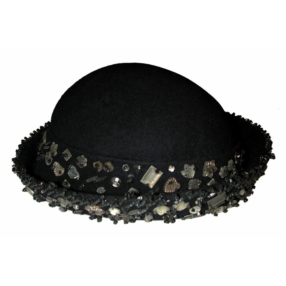 Fredric Vintage Hat 1940s Black - Beaded, Mother-of-Pearl & Felt